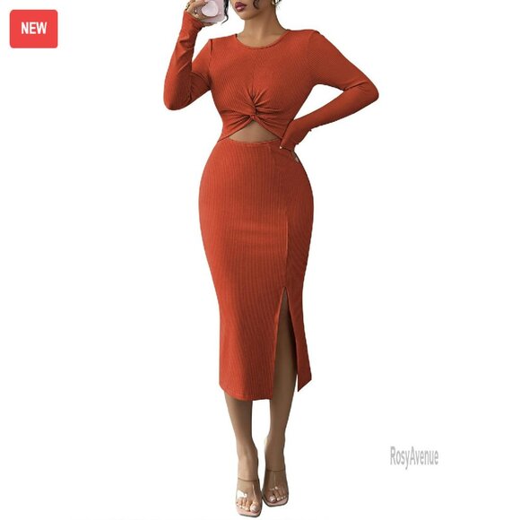 Dresses & Skirts - Long Sleeve Midi Dress Bodycon Ribbed Knit Twist Front Cutout